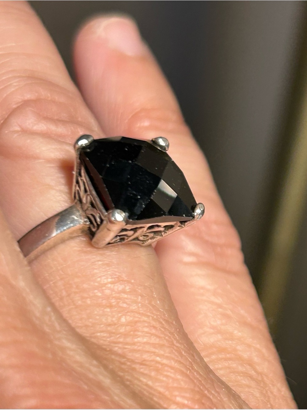 Vintage Sterling Silver 925 Ring Black Onyx In Filigree Basket Setting Size 6